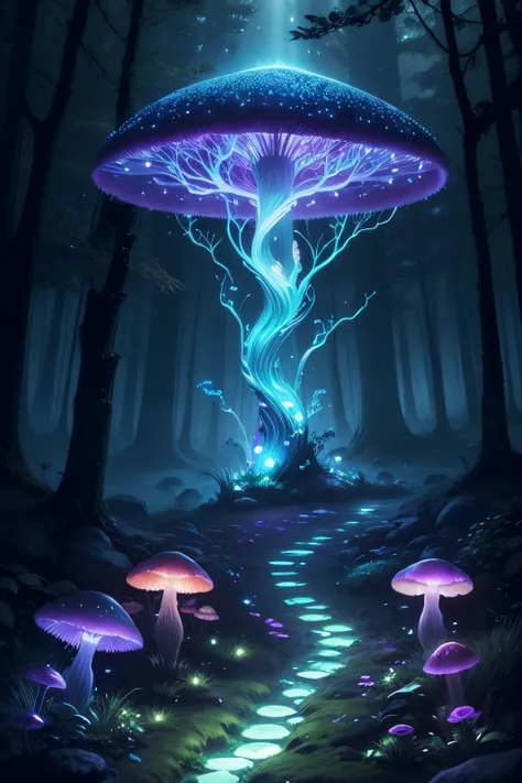 Bioluminescent Mushroom,glowing mushrooms,enchanted forest,magical,nighttime scene,dark forest,mysterious,captivating,glowing spores,soft ethereal glow,mystical ambiance,glowing path, luminous fungi,shimmering,illuminated ferns,twinkling lights,dreamlike,e...