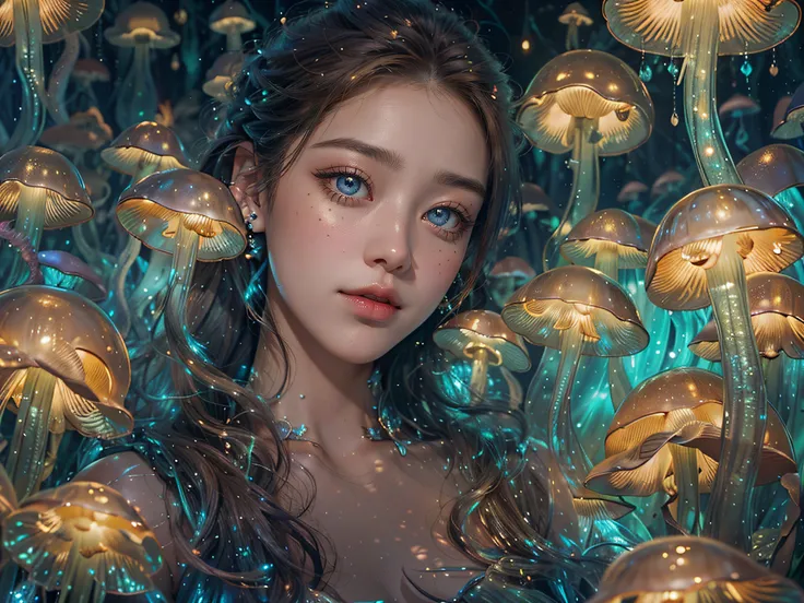 best quality, 8k, UHD, highres, masterpiece, ultra-detailed, realistic, photorealistic, photo-realistic, woman, bioluminescent, bioluminescent mushroom, fantasy forest, ethereal, captivating, sharp focus, fairy tale, quiet ambiance