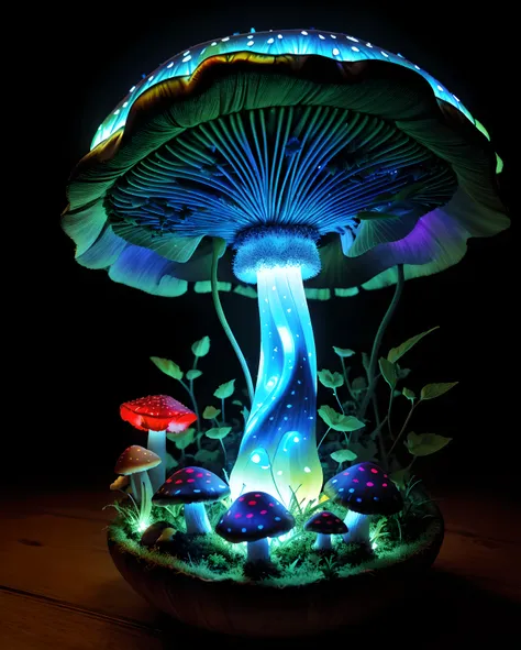 (absurdres, highres, ultra detailed), (masterpiece),bioluminescent mushroom, 2 tomatoes