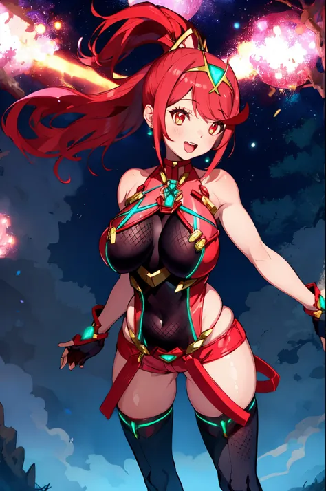 pyra (xenoblade), teen_1girl, loli, bangs, black gloves, breasts, red eyes, shout, earrings, eyelashes, fingerless gloves, floating hair, , gem, gloves, hair ornament, headpiece, jewelry, gigantic_breasts, leaning back, swimsuit, neon trim, official art, p...