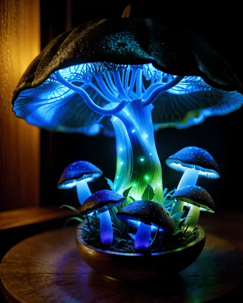 (absurdres, highres, ultra detailed), (masterpiece),bioluminescent mushroom, 2 tomatoes