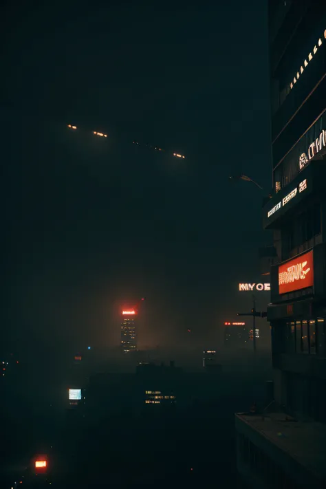 fly camera city fog cyberpunk cinematic lighting