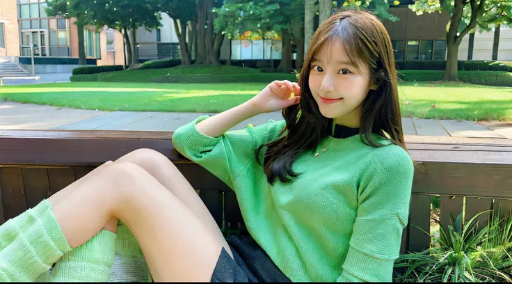 Cute female college student, 18 years old, wearing a green miniskirt