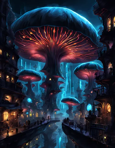 (epic digital drawing:1.3), design a captivating ((giant futuristic city shaped as a bioluminescent mushroom))) with details suc...