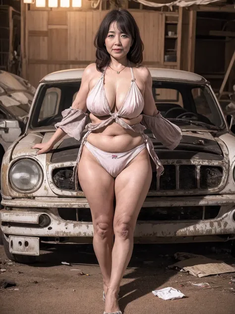 （in 8K、top-quality、high-level image quality、hight resolution、​masterpiece）、Busty mature woman in mini bikini、Many people ride on abandoned cars at the garbage dump in the neon city at night.