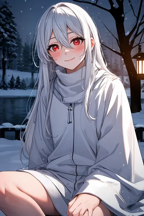 (masterpiece, best quality, ultra detailed:1.4), realistic, 1girl,  white_hair, blush, long_hair, looking_at_viewer, smile, swept_bangs, very_long_hair, (red_eyes:1.2), glowing skin, from_below, high contrast,  hair between eyes, long coat
sitting by a lak...