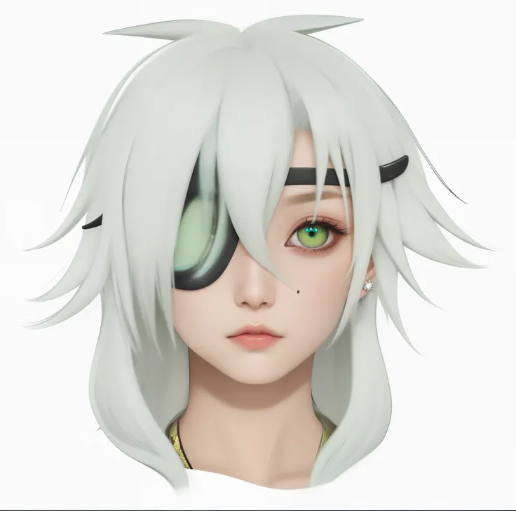 Haselnussbraune Augen, Augenfalte am rechten Auge, Junge, tan skin, Indonesisch, Piercings an der Augenbraue und am Hals, greenish-white hair