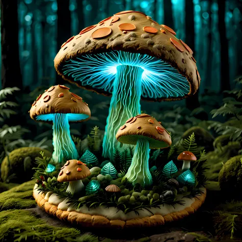 (professional 3D), (close up:1.3), design a captivating ((giant cookie shaped as a bioluminescent mushroom))) with details such as stem cap and gills, placed on a cover of moss, moonlit forest clearing, cookie designed to resemble a mushroom with details s...