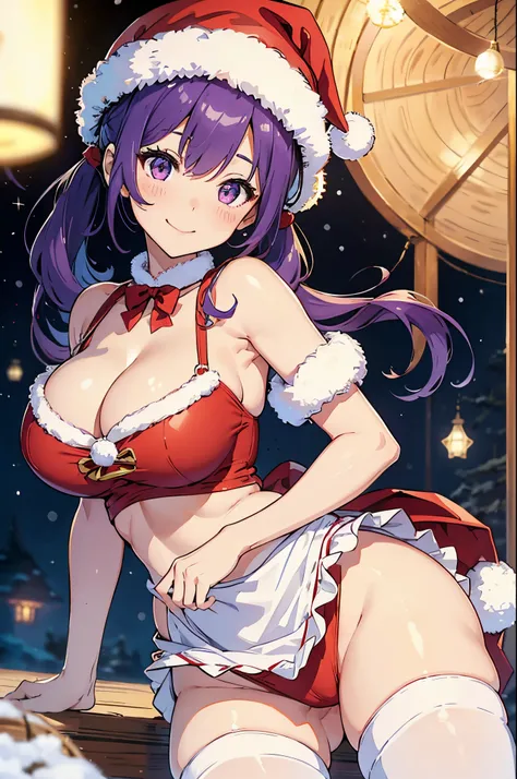 ８K、Best Quality、white Christmas、独奏、a beauty girl、delicated face、a smile、Long pigtails、Purple hair、Crimson eyes、cleavage of the breast、Colossal tits:1.8、big butts:5.5、big breasts thin waist、Beautiful constriction、shinny skin、Red and white Santa clothes、red ...