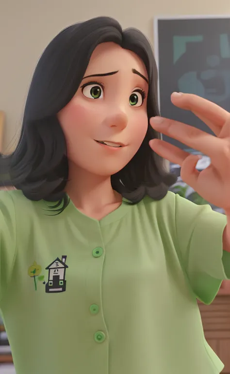 POSTER MENINA DE 25 ANOS DE CABELO PRETO CURTO COM BLUSA VERDE SE LEVANDO EM CASA DISNEY PIXAR