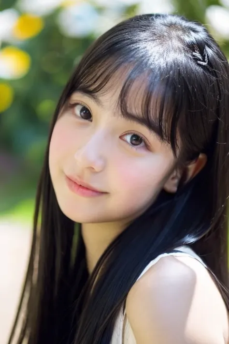 long black hair, 15 years old, droopy eyes, fair skin, cute idol