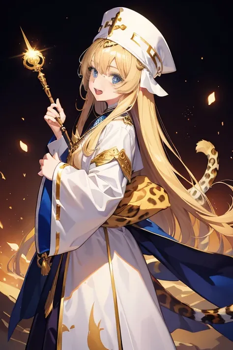 cinematic lighting, 8K, masterpiece, 1 girl, (tail:1.3),(tail : leopard), blonde hair, long hair, blue eyes, (white priest clothes:1.2), tall hats, holding wand, standing, open mouth, smile, hand sign, scenery, from side, look at viewer