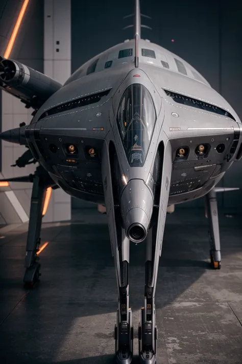 futuristic aircraft Biomechanical metallic, gray color with purple details, shoots laser rays, beautiful sunset, Ultra detailed, Hyper realistic, 4k, Ultra detailed image, realistic, Highly detailed, perfect composition, beautiful intricately detailed incr...