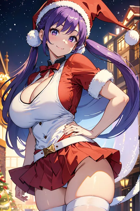 ８K、Best Quality、white Christmas、独奏、a beauty girl、delicated face、a smile、Long pigtails、Purple hair、Crimson eyes、cleavage of the breast、Colossal tits:1.8、big butts:5.5、big breasts thin waist、Beautiful constriction、shinny skin、beauty legs、Red and white Santa ...