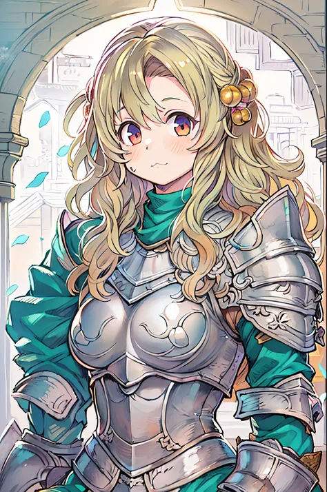 Anime girl with long blond hair in armor and blue dress, armor girl, small curvy loli, portrait knight female, Female protagonist 👀 :8, boris valejo. octopath traveler, crisp clear rpg portrait, Granblue Fantasy, detailed anime character art, jrpg characte...