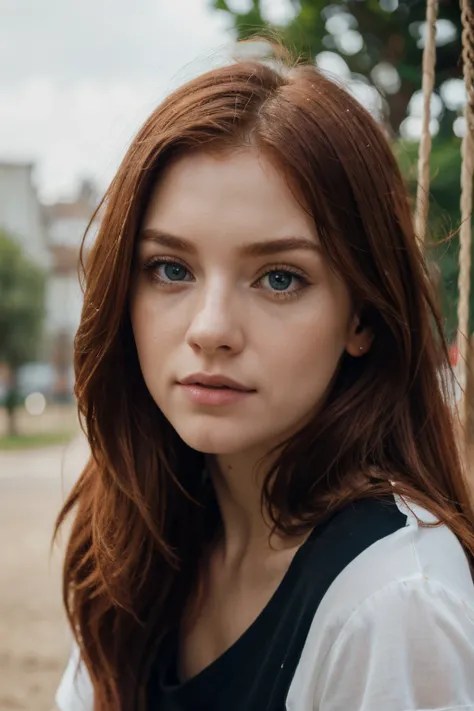 A closeup of a girl with long red hair and blue eyes with black tshirt sitting on a swing, foto retrato suave 8k, color photograph portrait 4k, flowing ginger hair, cabelo longo de gengibre ventoso, retrato suave, large eyes and flowing long hair, cinemati...