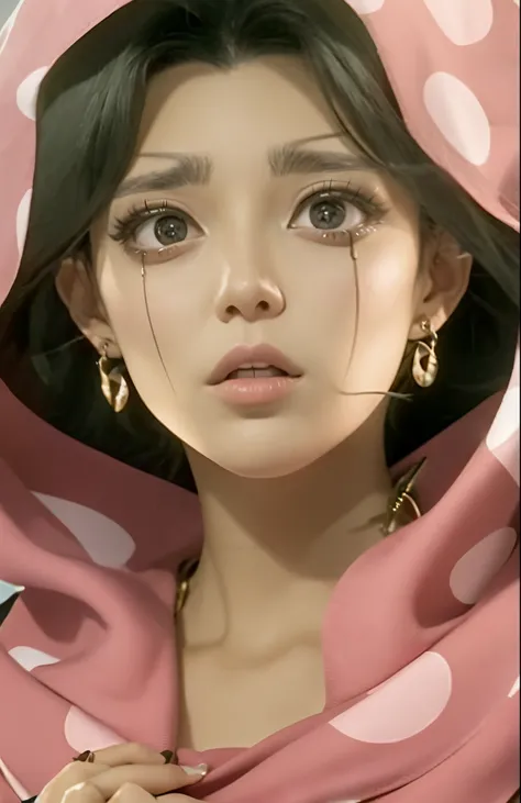 a close up of a woman with a pink scarf on, in jojos bizarre adventure, yellow earing, open mouth, black hair