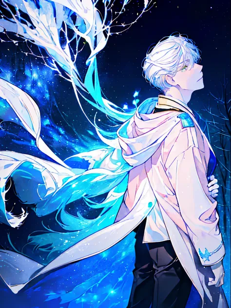 ((A starry sky filled with clear winter air)),(Moon Night),((A forest with fantastic lights)),(wearing a warm white winter coat),((Dark hair)),(Shorthair),((standing with hands in pockets of clothes)),((Looking up at the sky)),(Gaze up),((Light pink eyes))...