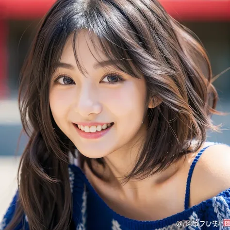 Close up of woman posing for photo, Japanese Models, Beautiful Japan girl, Female, 22 years old, 4K、bangss、A dark-haired、bobhair、Middle hair、(Knitted、Onepiece:1.2),　(Super cute face in idol style:1.2)、slim and beautiful figure、Beautiful breasts、A smile、col...