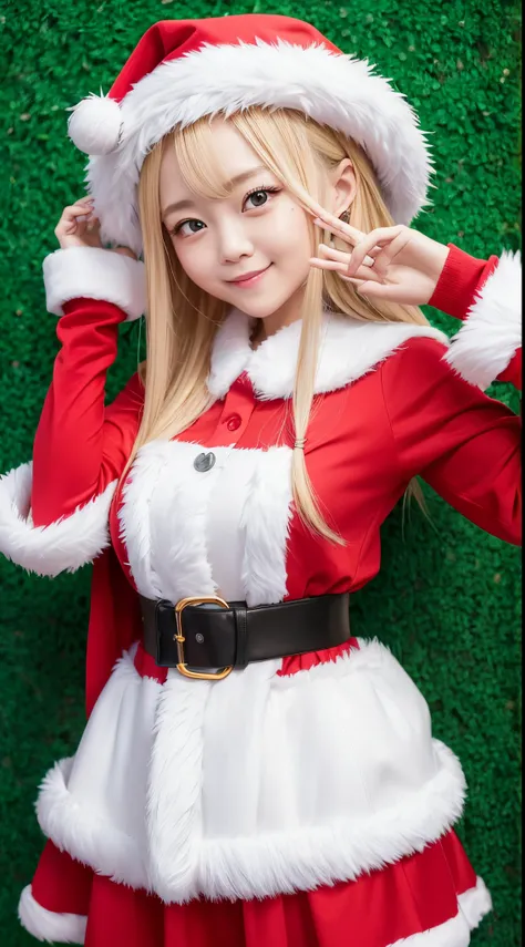 she is a cute korean woman、Cute Santa Claus、beautiful blonde semi-long hair、Big eyes、Green eyes、Cute smile、