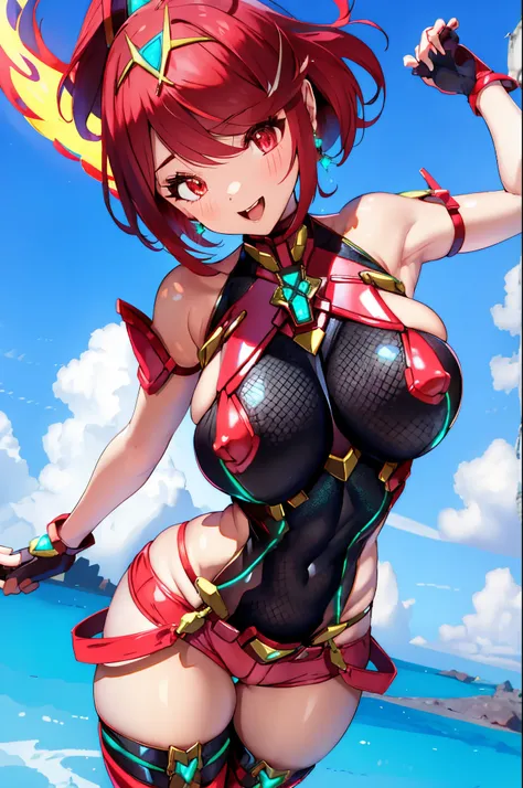 pyra (xenoblade), teen_1girl, loli, bangs, black gloves, breasts, red eyes, shout, earrings, eyelashes, fingerless gloves, floating hair, , gem, gloves, hair ornament, headpiece, jewelry, gigantic_breasts, leaning back, swimsuit, neon trim, official art, p...