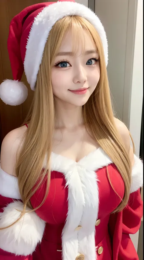 she is a beautiful korean woman、beautiful santa claus、beautiful blonde semi-long hair、Big eyes、Green eyes、Cute smile、