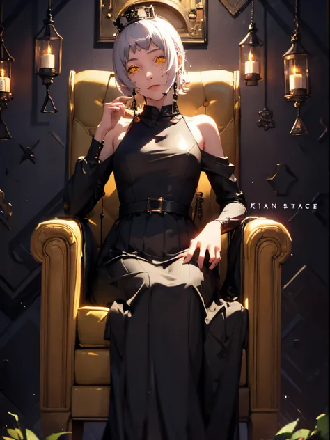 best quality, masterpiece, 1girl, yellow eyes, big yellow crown, crown, queen, black dress, shoulders, throne, roses, shiny natu...