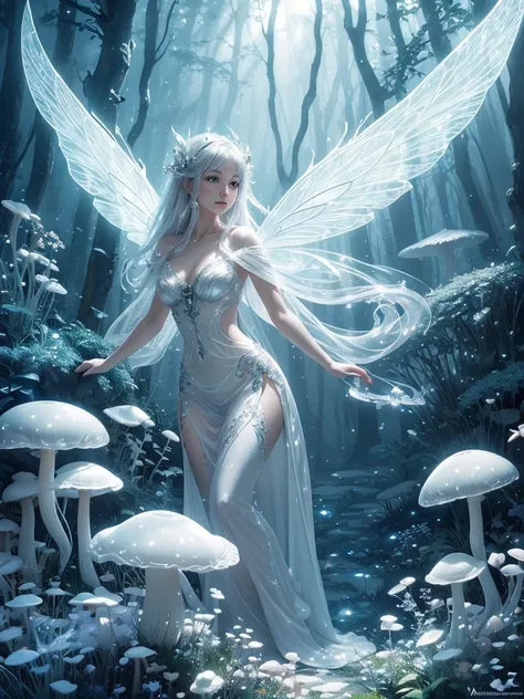 an elegant fairy, With milky white transparent wings,Lots of flowing glowing white mushrooms fantasy art silver behind, Exuding charm and beauty.The mysterious atmosphere of light and shadow art, Fantastic environment, subtly lit, Soft color 4k highly deta...