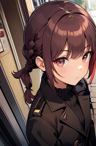 full body Esbian, fluffy hair,Red hair,Fishing eyes, (((Braided shorthair))), ((asymmetrical length pigtails)), ((Keep your hair down)), Slightly red tide,Gold eyes,Black military uniform, Staring at me, Smile with a kind face, dark apartment late at night...