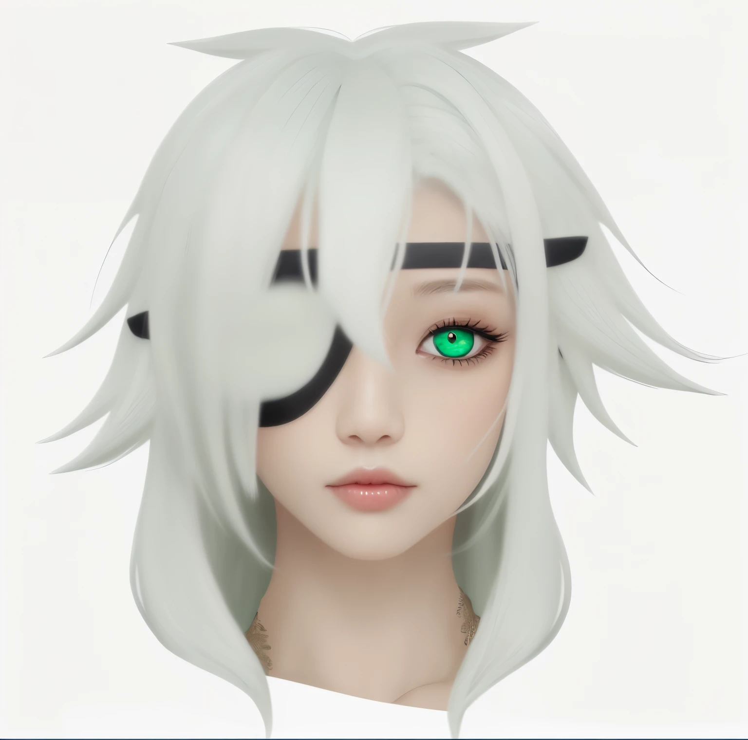 Haselnussbraune Augen, Augenfalte am rechten Auge, Junge, tan skin, Indonesisch, Piercings an der Augenbraue und am Hals, greenish-white hair, asian eyes