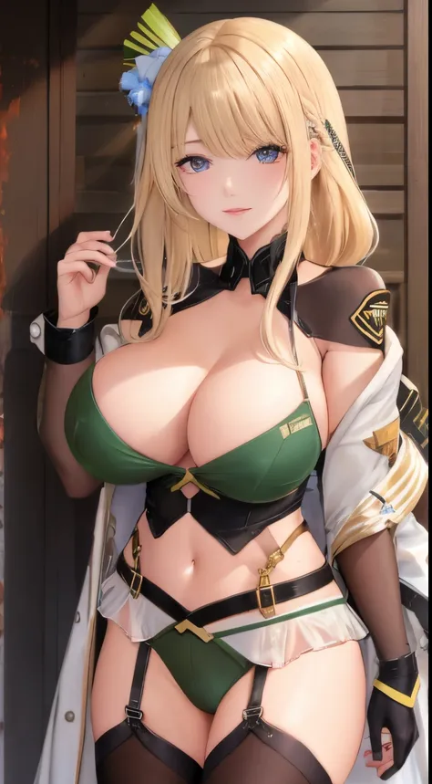 blonde_hair breasts breasts_apart condom cum_on_breasts girls_frontline green_eyes m1918_bar_(girls_frontline) scourer_14 used_condom