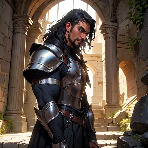 ​masterpiece,Best Quality, detailed,Close-up of a person&#39;Upper body body, 4k, Cinematics, Background with:Stairs inside a dark cave inside a medieval castle, A knight wearing black bat-shaped armor(Jason Momoa),