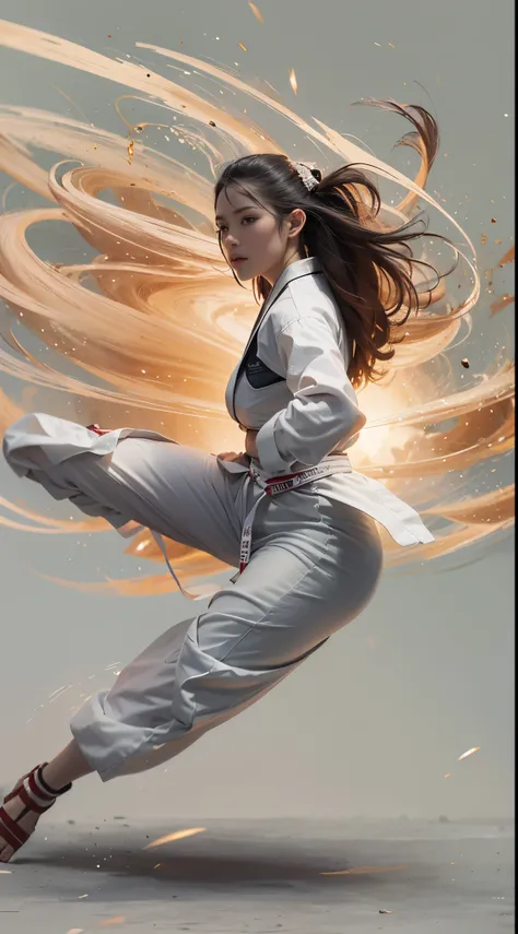 8k, best quality, highres, realistic, real person, A female martial artist in a fighting tournament, captured in a dynamic pose as she performs a spectacular back spinning kick, soaring through the air. The scene emphasizes her agility and the fluidity of ...