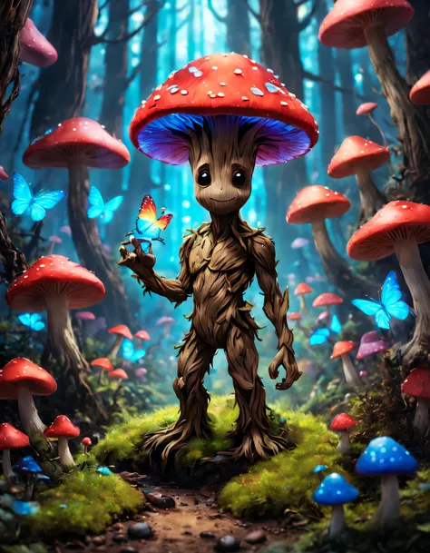 Mini Groot with charming rainbow colored glowing mushrooms，butterflys，Glowing red mushrooms and glowing blue mushrooms，Background with：Mushroom Valley，Rendering and Pixar