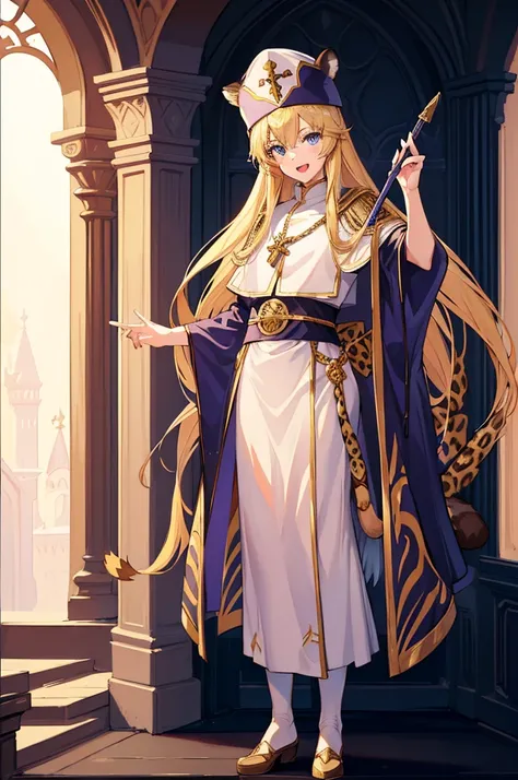 portrait, cinematic lighting, 8K, masterpiece, solo, 1 girl, (tail:1.3),(tail : leopard), blonde hair, long hair, blue eyes, (white priest clothes:1.2), tall hats, holding wand, standing, open mouth, smile, hand sign, scenery, look at viewer