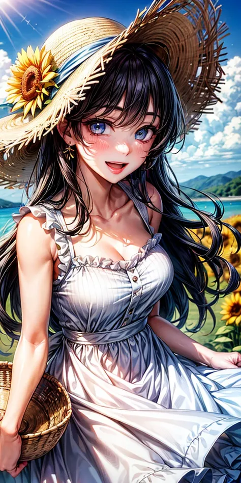 (shoujo-style:1.2), 1girl, hat, solo, flower, dress, sunflower, outdoors, white dress, smile, long hair, black hair, blue eyes, looking at viewer, sky, bangs, breasts, open mouth, cloud, earrings, sundress, day, sun hat, blush, teeth, cleavage, :d, collarb...