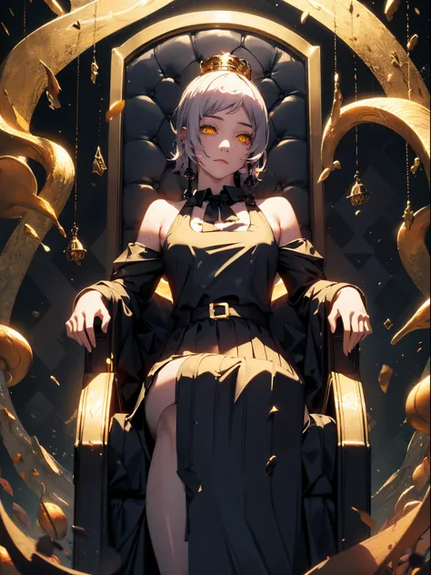 best quality, masterpiece, 1girl, yellow eyes, big yellow crown, crown, queen, black dress, shoulders, throne, roses, shiny natu...