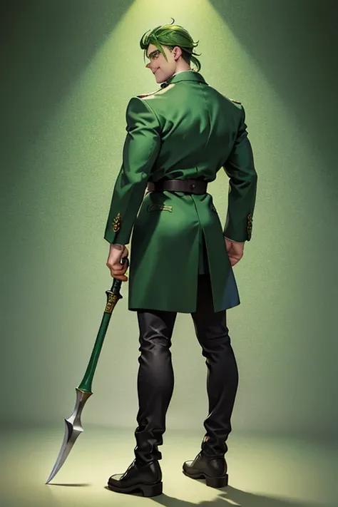 masterpiece, best quality, Highly detailed, {1man}, green eyebrows, green hair, asymmetrical hair, combat boots, back view, expressive eyes, perfect face, sideburns, green eyes, {massive colossal body builder body}, {tall}, wears green jacket, huge long sp...