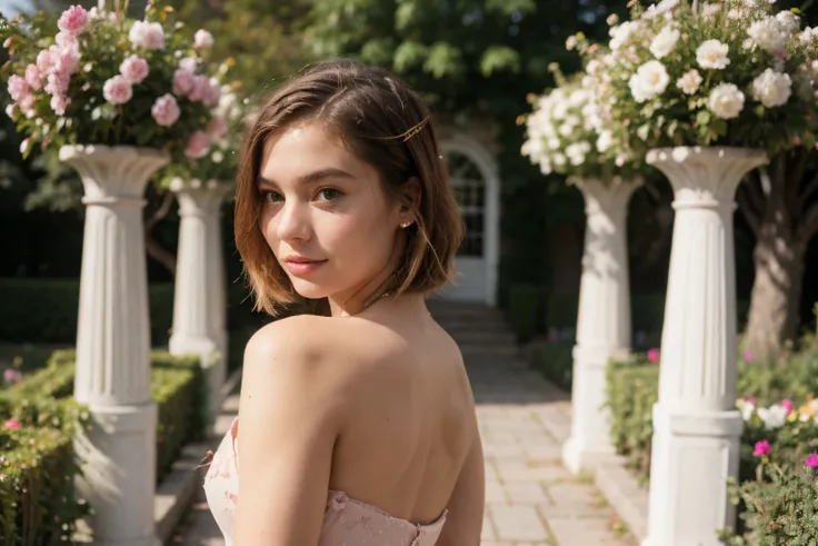 8k, RAW photo, Fujifilm, style photo of a beautiful young woman as avril in a garden of light pink roses (highly detailed skin: 1.2) Style-Petal BREAK short hair, blonde hair with colored locks, wearing a dress, film granulation, 35mm, cute style