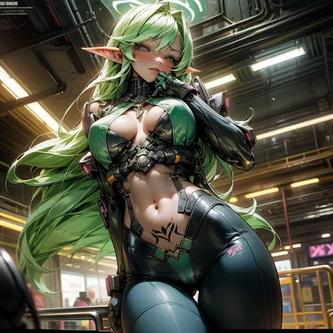 cyberpunk women、Emerald green long hair、elvish、（Micro Bikini Swimsuit）、（neon light line decoration）（Luminous decoration）、（Huge breasts :50.1 ）、（gigantic cleavage breasts）、Slim abs、（Navel exposed）（（（Cameltoe）））Topless woman、big crotch tattoo、Prostitutes、bit...