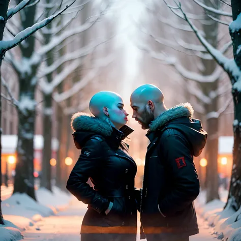 Silhouette of bald man, woman, in love, winter, dark --auto --s2