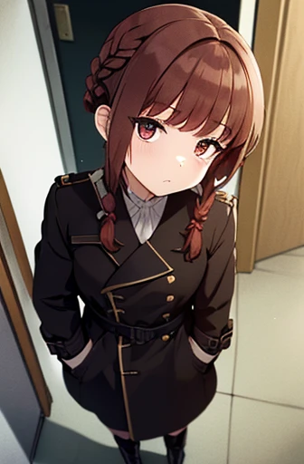 full body Esbian, fluffy hair, (((a short bob))), Red hair,Fishing eyes, (((Braided shorthair))), ((asymmetrical length pigtails)), ((Keep your hair down)), Slightly red tide,Gold eyes,Black military uniform, Staring at me, deadpan, dark apartment late at ...