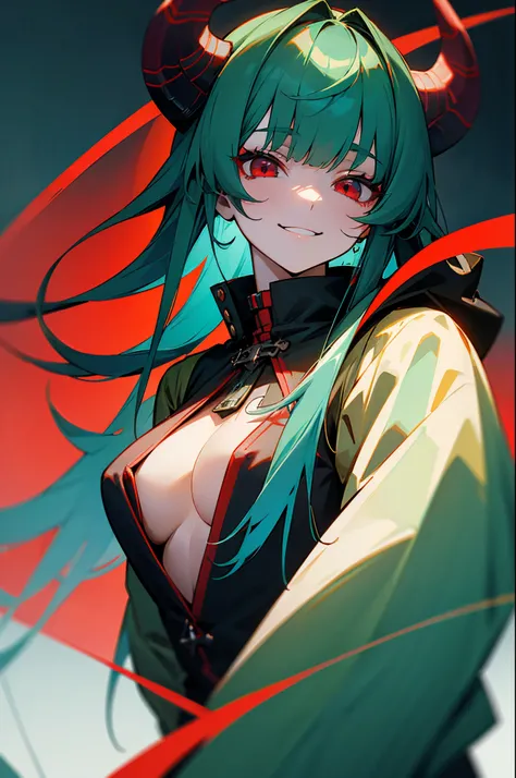 Masterpiece, best quality, high quality, ultra detailed, demonic woman、macabre smile、parka、medium chest、red eyes、Blue-green hair、Longhaire、Bangs are not parted、Horizontal one-letter bangs