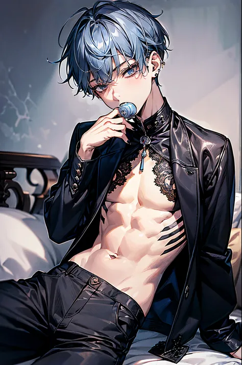 ((((1boy)))), solo, 15-years-old, Entj, manipulative, sophisticated, dominant, light blue wolfcut hair, blunt bangs, gray eyes, long eyelashes, jig eyes, blank eyes, skulls accessories, gothic, death atmosphere, portrait, many accessories, royal, sadistic,...