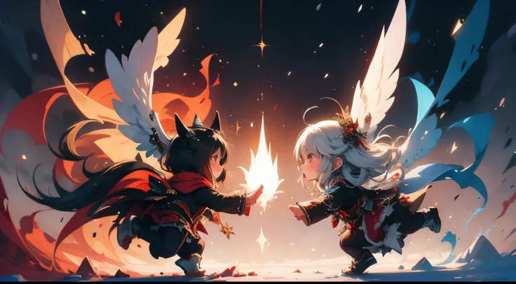 angel and demon fighting, winter fairytale atmosphere, yule, epic concept art illustration