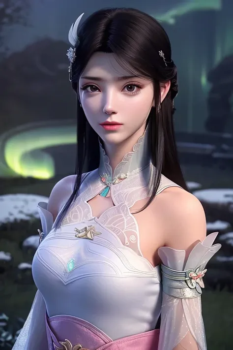 1 Beautiful girl in ancient costume in the garden, ((Pink and light white clothes: 0.8)), Long, silky black hair, Hair accessories and necklaces, Pretty little face with thin eyebrows, The most beautiful、Spotless face, verybeautifuleyes, big round black ey...