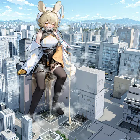 nsfw，​​{a giantess}，{1个giant breast girl}，{are standing}，{urine discharge}​​，cloud， looking over city， mountain ranges， tmasterp...