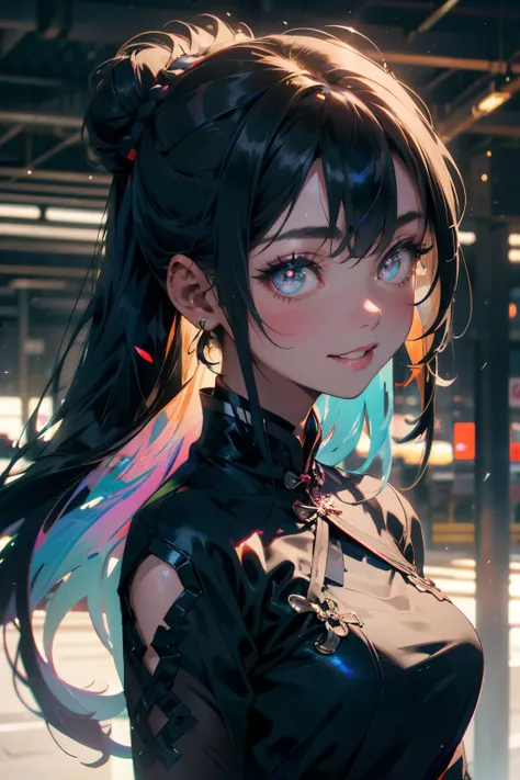 a 20 yo woman、Black blue Hair、poneyTail、Bun hair、Big smile、Iridescent eyes、(hi-top fade:1.3)、dark themed、Muted Tones、Subdued Color、highly contrast、qipao dress、(natural skin textures、Hyper-Realism、Soft light、sharp)