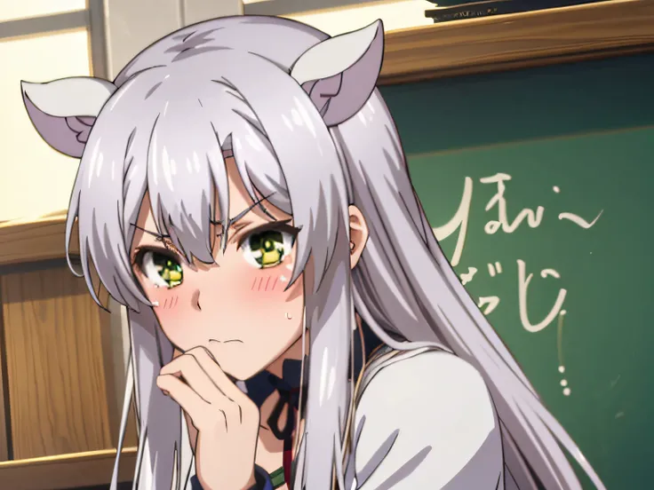 (super high resolution), 1girl, silver hair, green eyes, cat ears, solo, intensive blushes, watery eyes, jealous expression, mou...