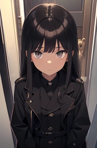 full body Esbian, Brown boots, Straight hair, long, Black hair, ((Keep your hair down)), Slightly red tide,Dark eyes,Black military uniform, Staring at me, deadpan, dark apartment late at night, ((In front of the front door of an old apartment)),aisle,((In...